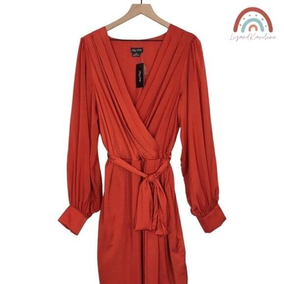 New! City Chic Opulent Faux Wrap Amber Cocktail Party Fall Midi Dress - Picture 5 of 16